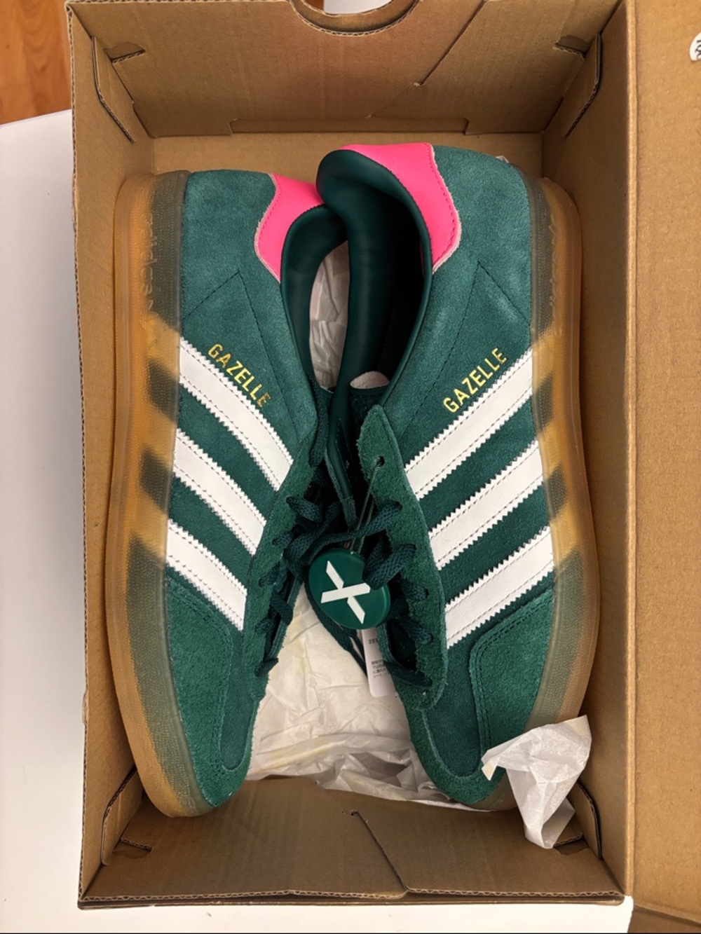adidas Green Suede Gazelle Sneakers with White Stripes & Pink Heel